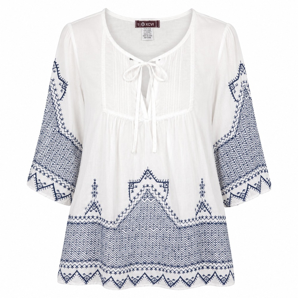 XCVI Coastal Boho Embroidered Peasant Top Womens Size XS Artisan Folkcore Ibiza